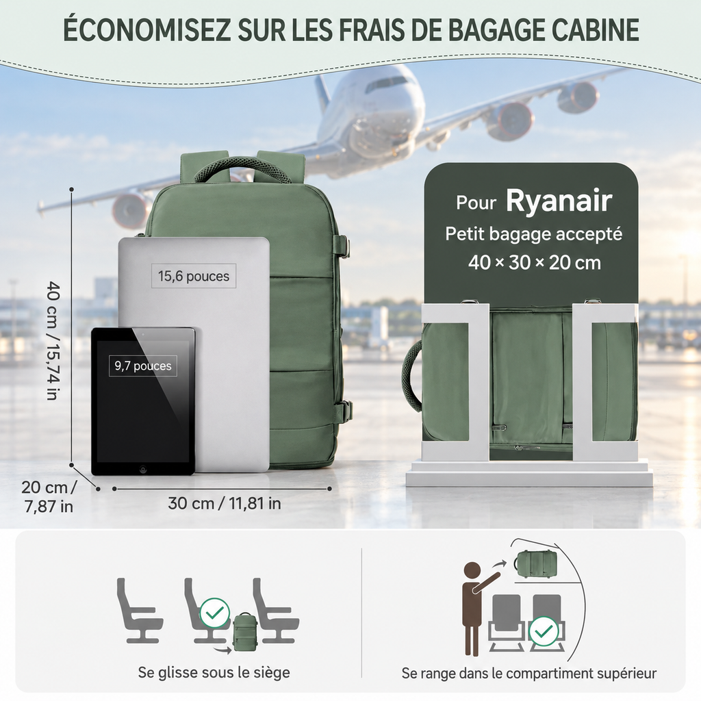 Sac à dos cabine 40 × 30 × 20 cm avec poche ordinateur – dimensions 40 × 30 × 20 cm