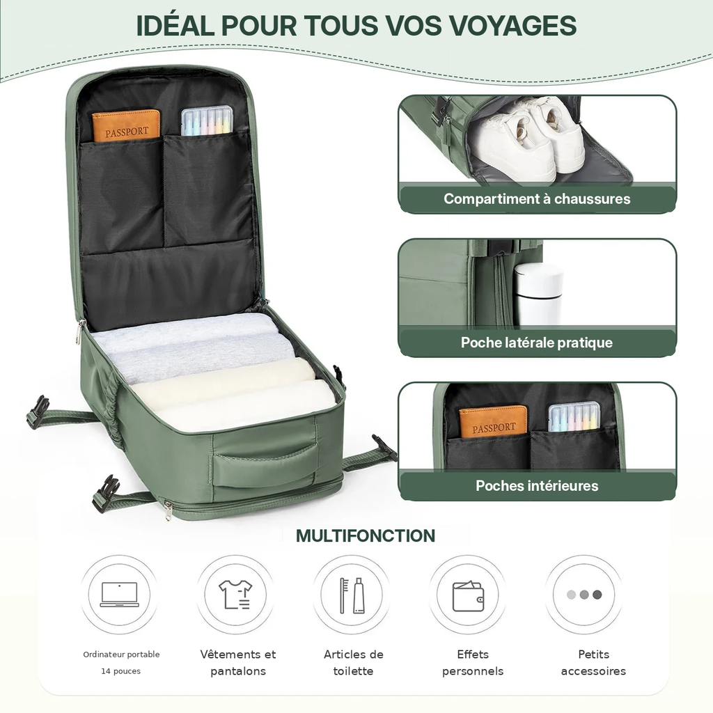 Sac à dos cabine 40 × 30 × 20 cm avec poche ordinateur – détails et rangements