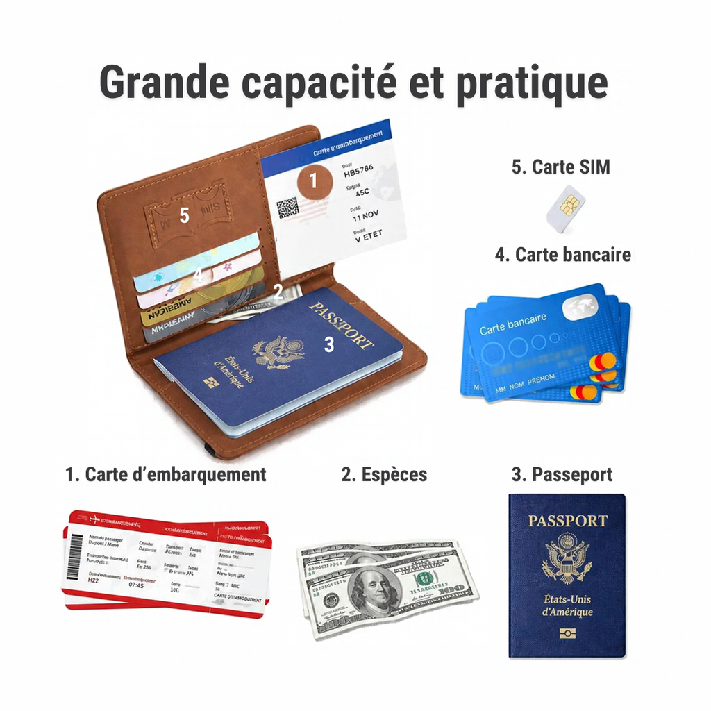 Porte-passeport RFID de voyage avec rangements – rangements intérieurs