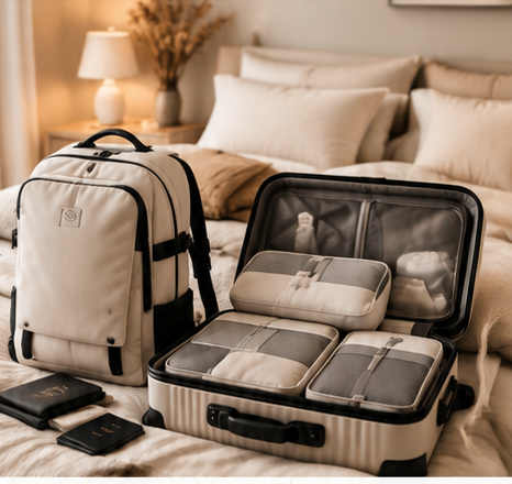 Sac à dos de voyage beige à côté d’une valise ouverte contenant des cubes de compression, posés sur un lit dans une chambre beige moderne